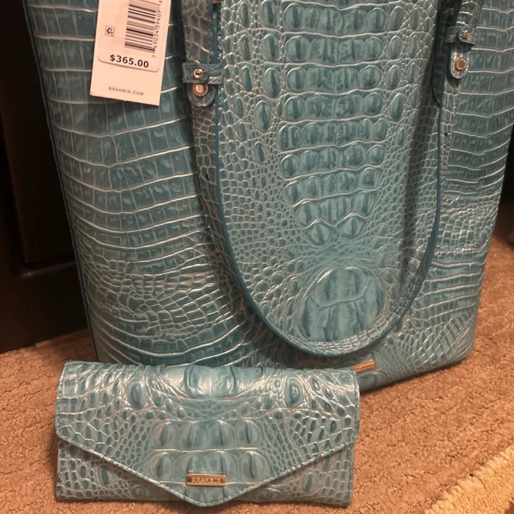 Brahmin Ezra Mermaid Embossed Leather Tote and Wallet Set